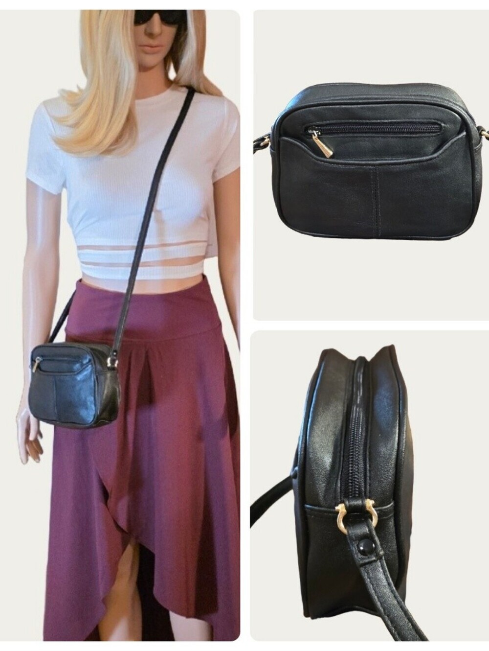 Vintage Style Minimalist Black Vegan Leather Crossbody Camera Bag
